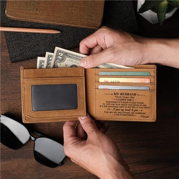 Minimalist Brown Leather RFID Protected Bi-Fold Wallet for Men, Husbands - Picture 3 of 7